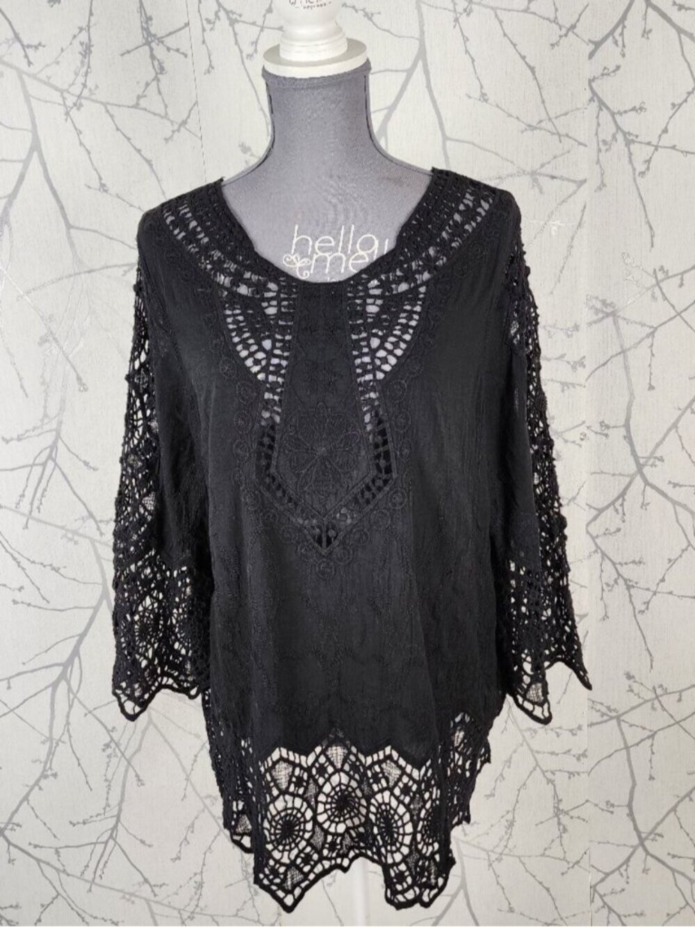 Asha Black Cotton Bohemian Embroidered Lace Crochet Panel Tunic